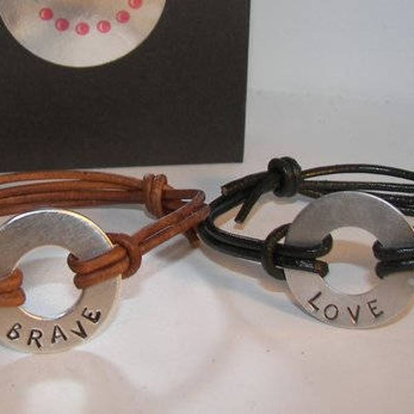 personalized My word custom stamped leather washer bracelet, personalized intention word jewelry, hand stamped jewelry