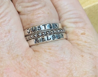 Sterling Silver hand stamped jewelry stacking name rings, Personalized mommy jewelry ring, Gift for mom from kids handstamped jewelry