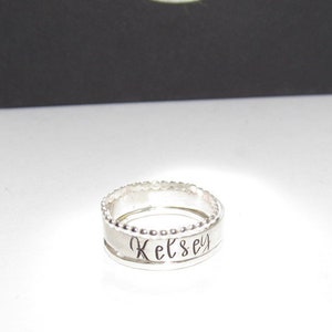 Sterling silver kids name stacking ring for mom, Custom personalized hand stamped stacking rings, Thin name stacking ring mothers jewelry