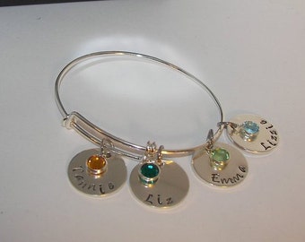 sterling silver Mothers Bracelet with kids names and birthstones, custom personalized hand stamped mommy jewelry, adjustable bangle bracelet