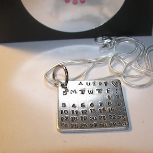 Anniversary necklace, Save the Date Calendar, hand stamped  jewelry, Engraved Jewelry, Bridal Shower, hand stamped