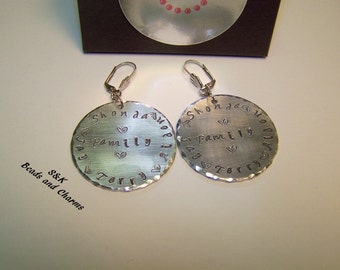 Custom made mothers family earrings, Custom personalized hand stamped jewelry, Earrings with kids names or initals handstamped jewelry