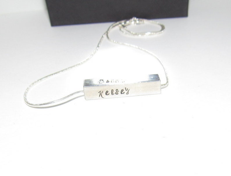 Kids Name Jewelry personalized 4 Sided Horizontal Bar Necklace Custom stamped Silver Bar Necklace Anniversary Gift or Wedding