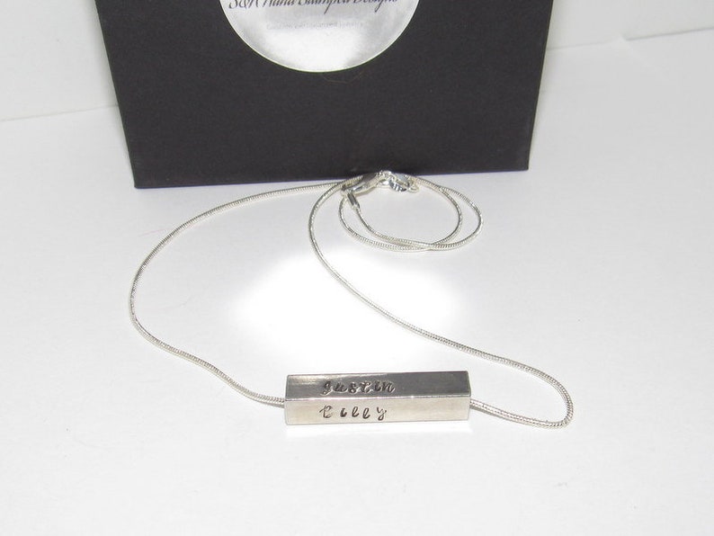 Kids Name Jewelry personalized 4 Sided Horizontal Bar Necklace Custom stamped Silver Bar Necklace Anniversary Gift or Wedding