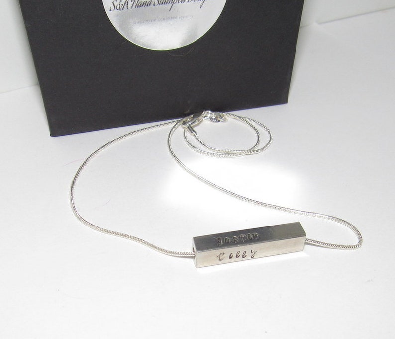 Kids Name Jewelry personalized 4 Sided Horizontal Bar Necklace Custom stamped Silver Bar Necklace Anniversary Gift or Wedding