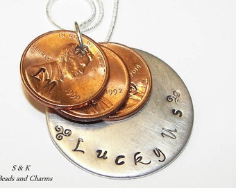 personalized Lucky Us personalized penny necklace ,  Custom hand stamped  penny jewelry for mom , mothers jewelry handstamped jewelry