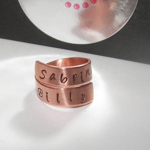 personalized Copper wrap ring, personalized ring, custom hand stamped  jewelry , mommy ring, kids names ring ,  couples ring , name ring