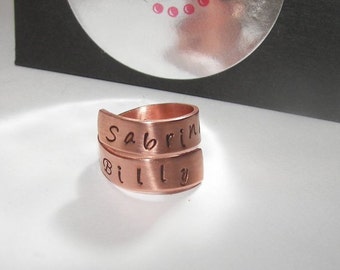 personalized Copper wrap ring with names, custom personalized hand stamped jewelry , mommy ring with kids names handstamped jewelry