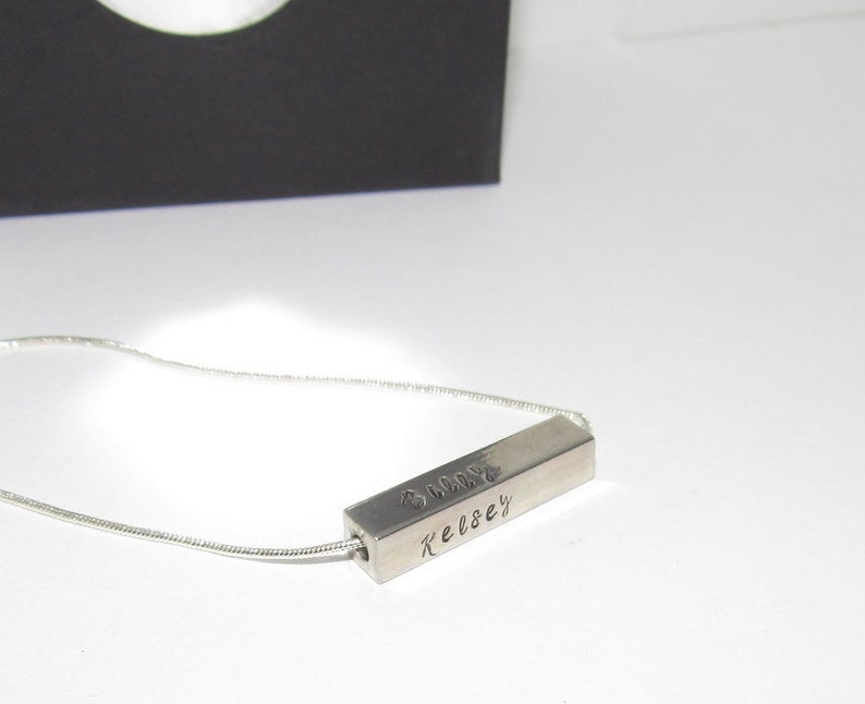 Kids Name Jewelry personalized 4 Sided Horizontal Bar Necklace Custom stamped Silver Bar Necklace Anniversary Gift or Wedding