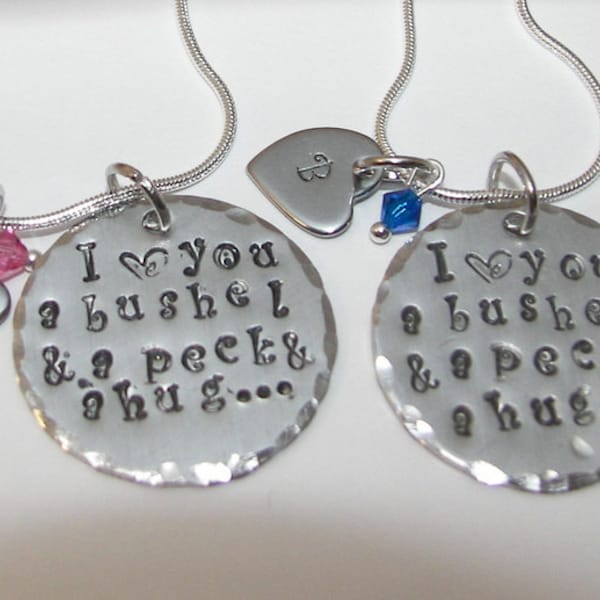 personalized I love you a bushel and a peck and a hug, Custom hand stamped personaized jewelry, mothers jewelry with kids name