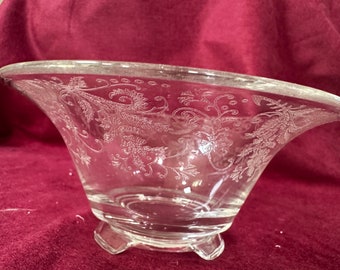 6x3.5” etched glass, vintage mid century bowl, 3 footed