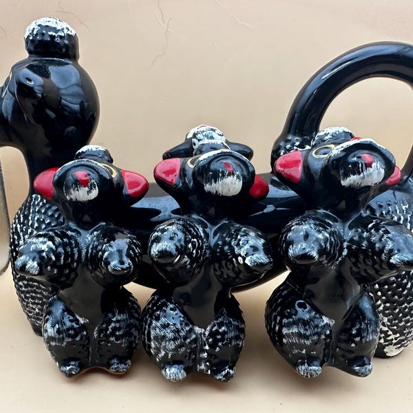 Vintage 1950's Ceramic Poodle Spice Rack w/ 4 Puppies By Redware ~Made in Japan