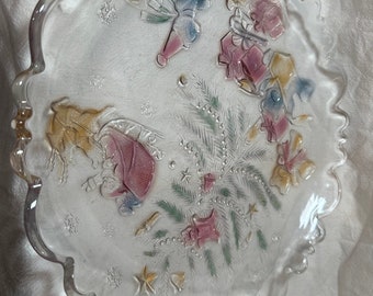 Vtg Glass Christmas Platter 13.50 Made In Japan Crystal Bears Sleigh Tree