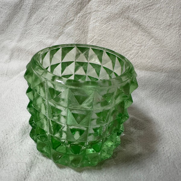 MCM Light Green Cut Glass votive candle holder