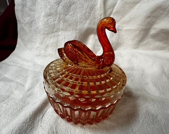 Amberina FLASHED Glass SWAN Powder Vanity Box