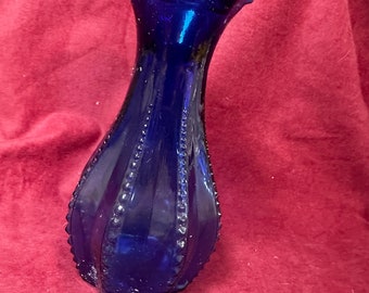 Indiana Glass Cobalt Blue Vase 5" USA Ribbed Hobnail Ruffled Edge 1940's Vintage