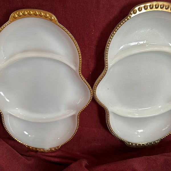 Vintage Fire-King Golden Anniversary Milk Glass Split Dish 22K Gold Rim