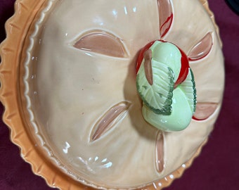 vintage ceramic pie plate with recipe, decorated lid