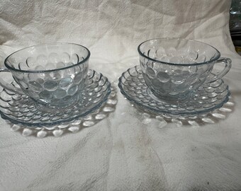 pair of Anchor Hocking Light Blue Bubble Crystal Glass Coffee Tea Cup And Saucer Set