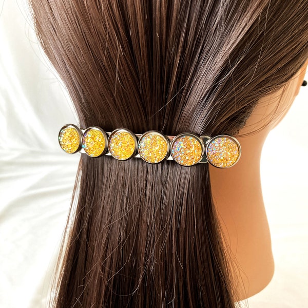 Golden yellow druzy hair barrettes, Hair barrettes for women, Hair slide for bridesmaid, Hair bling jewelry for thick hair, Ponytail holders