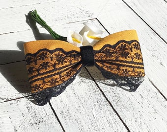 Mustard yellow bow, mustard hair bow, thanksgiving bow, hair bows for women, black lace bows, women bow clip, adult woman bow
