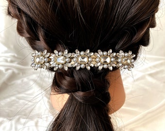 Women hair barrettes, Rhinestone barrette, Gold clear vintage style French barrette, formal crystal and pearl hair jewelry, Bridal hair clip