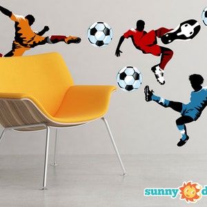 Soccer Fabric Wall Decals - Set of 3 Large Soccer Players And 5 Balls - Football Wall Art - Non-Toxic, Reusable, Repositionable
