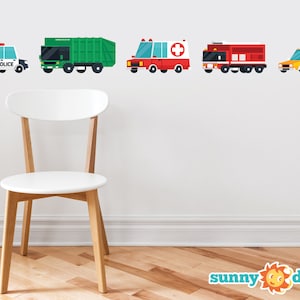 Transports Fabric Wall Decal, Set of 5 Emergency Rescue Vehicles and City Trucks with Police Car, Garbage Truck, Ambulance, Fire Truck, Taxi
