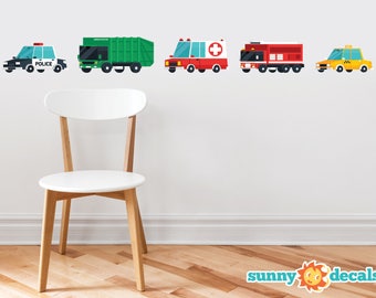 Transports Fabric Wall Decal, Set of 5 Emergency Rescue Vehicles and City Trucks with Police Car, Garbage Truck, Ambulance, Fire Truck, Taxi