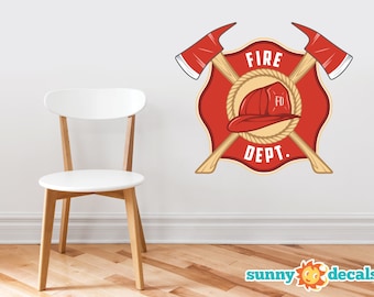 Fire Department Emblem Fabric Wall Decal - Firefighter Sticker with Two Axes and Fireman's Helmet, Maltese Cross Décor