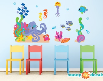 Ocean Fabric Wall Decal Set, Under the Sea Theme with Fish, Octopus, Sea Horses, and More, Two Sizes Available, Reusable and Repositionable