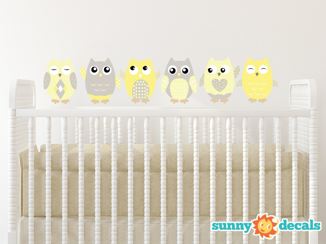 Owl Fabric Wall Decals: Yellow & Gray Nursery Decor - Set of 6 - Etsy