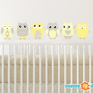 Owl Fabric Wall Decals, Set of 6 Owls, Repositionable and Reusable, Yellow, Grey, White, 4 Different Sizes to Choose From by Sunny Decals Yellow
