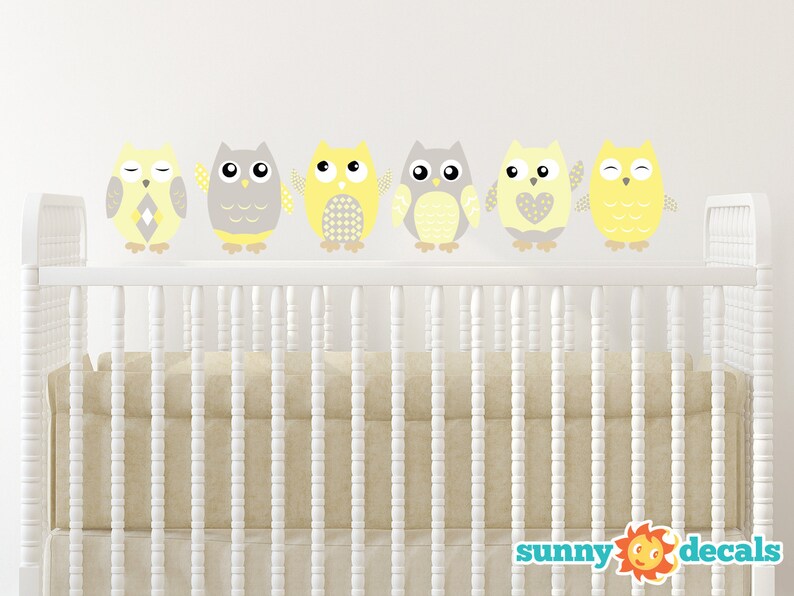 Owl Fabric Wall Decals, Set of 6 Owls, Repositionable and Reusable, Yellow, Grey, White, 4 Different Sizes to Choose From by Sunny Decals Yellow