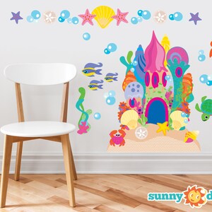 Sand Castle Fabric Wall Decals, Under the Sea Theme with Castle, Fish, Bubbles, and More, Two Sizes Available, Reusable and Repositionable