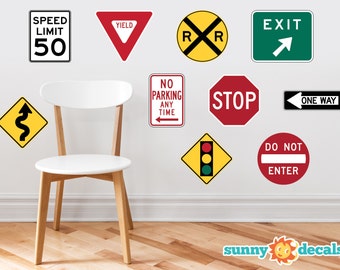 Street Signs Fabric Wall Decals with Stop Sign, Yield, One Way, Exit, Railroad and More, Repositionable and Reusable