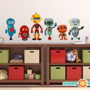 Robot Fabric Wall Decals, Set of 6 Cute Robots, Repositionable and Reusable, 3 Different Sizes to Choose From by Sunny Decals