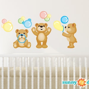 Teddy Bears Fabric Wall Decals, Set of Three Adorable Bears Blowing Bubbles, Repositionable and Reusable by Sunny Decals