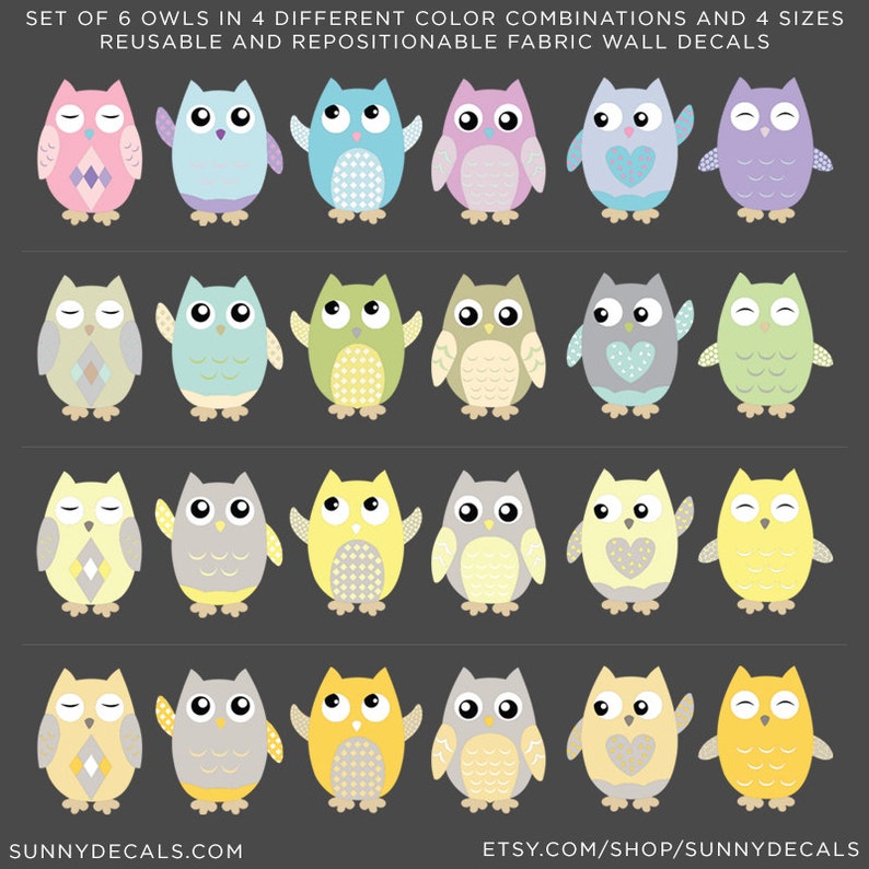 Owl Fabric Wall Decals, Set of 6 Owls, Repositionable and Reusable, Yellow, Grey, White, 4 Different Sizes to Choose From by Sunny Decals image 6