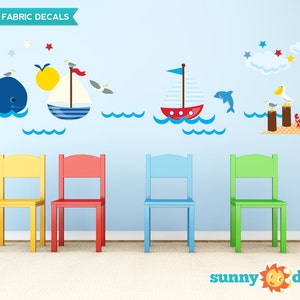 Nautical Fabric Wall Decals, Ocean scene with Pelican, Sailboats, Lighthouse, Whale and More, Repositionable and Reusable