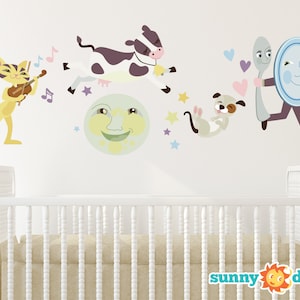 Nursery Rhyme Fabric Wall Decal, Hey Diddle Diddle, The Cat and the Fiddle, The Cow Jumped Over the Moon, with Hearts, Stars, Musical Notes