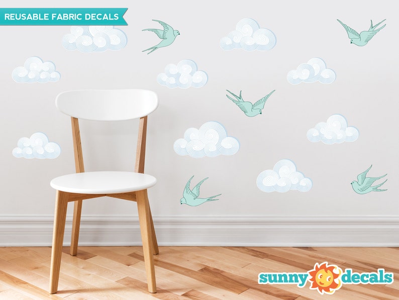 Modern Clouds Fabric Wall Decals With Birds Set of 9 Clouds Etsy