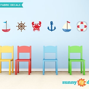 Nautical Fabric Wall Decals, Set of 8 with Pelican, Sailboats, Anchor, Starfish and More, Repositionable and Reusable by Sunny Decals