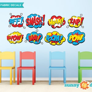 Superhero Fabric Wall Decals, Set of 8 Comic Book Word Bursts, Pow, Boom, Smash, Wham and more, 2 Sizes to Choose From, Repositionable