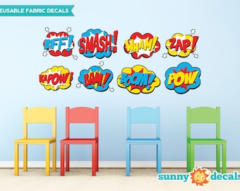 Superhero Fabric Wall Decals, Set of 8 Comic Book Word Bursts, Pow, Boom, Smash, Wham and more, 2 Sizes to Choose From, Repositionable