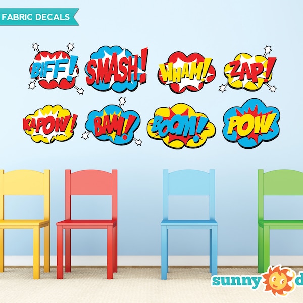 Calcomanías de tela de superhéroes para pared: Palabras de cómic - Juego de 8