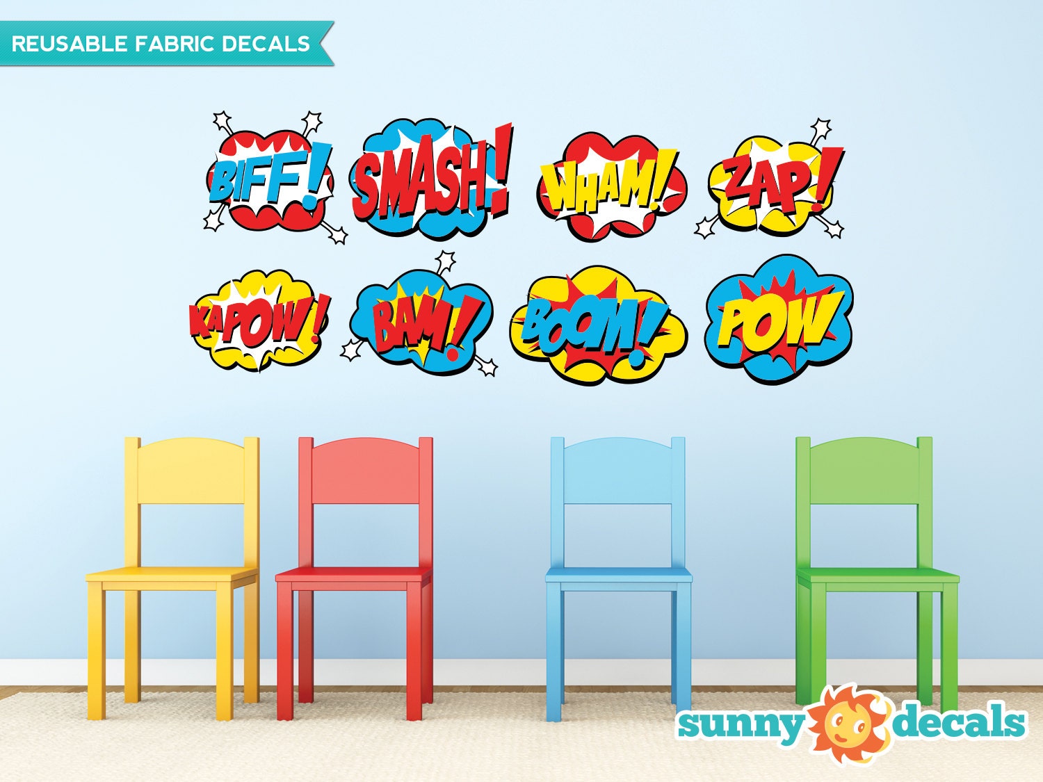 Superhero Fabric Wall Decals: Comic Book Word Bursts - Set of 8 - Etsy