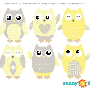 Owl Fabric Wall Decals, Set of 6 Owls, Repositionable and Reusable, Yellow, Grey, White, 4 Different Sizes to Choose From by Sunny Decals image 2