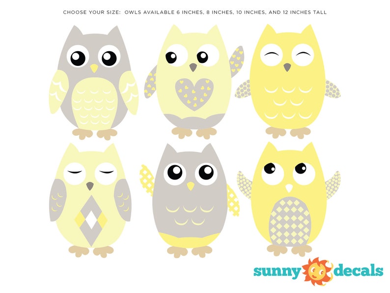 Owl Fabric Wall Decals, Set of 6 Owls, Repositionable and Reusable, Yellow, Grey, White, 4 Different Sizes to Choose From by Sunny Decals image 2