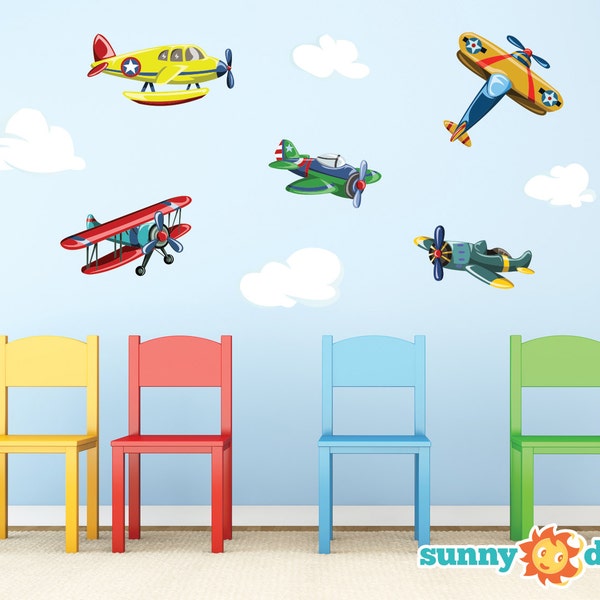 Airplane Nursery, Nursery Art Airplane Fabric Wall Decals, Set of 5 Vintage Planes, Biplane, Propeller Planes, Clouds, Repositionable